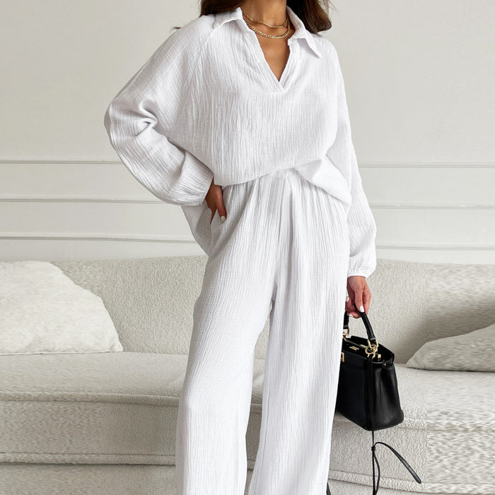 Pure Cotton Black Crepe V Neck Pajamas Loose Breathable Long Sleeve Suit Spring Home Wear Women