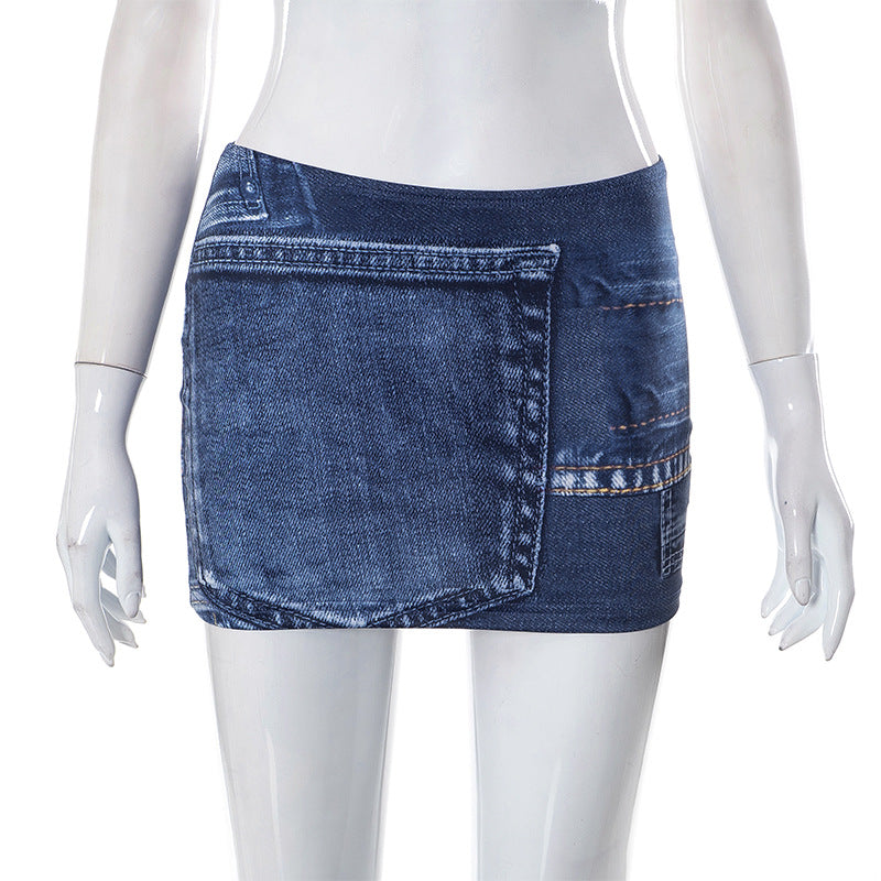 Personality Street Denim Printing Short Skirt Summer Fashionable Cropped Sheath Skirt