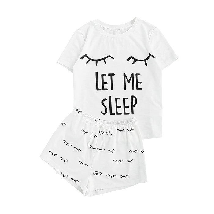 Shiying Short-Sleeved Homewear Set Eyelash Pattern Text Holiday Printing Sleep Pajamas for Women Summer