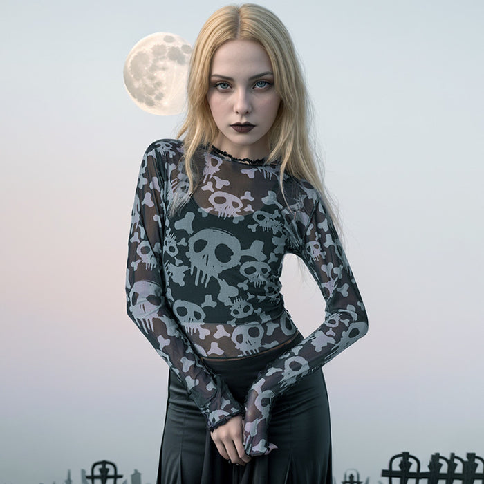 Dark Skull Print Long Sleeve Mesh round Neck Pullover Top Women Slim Fit