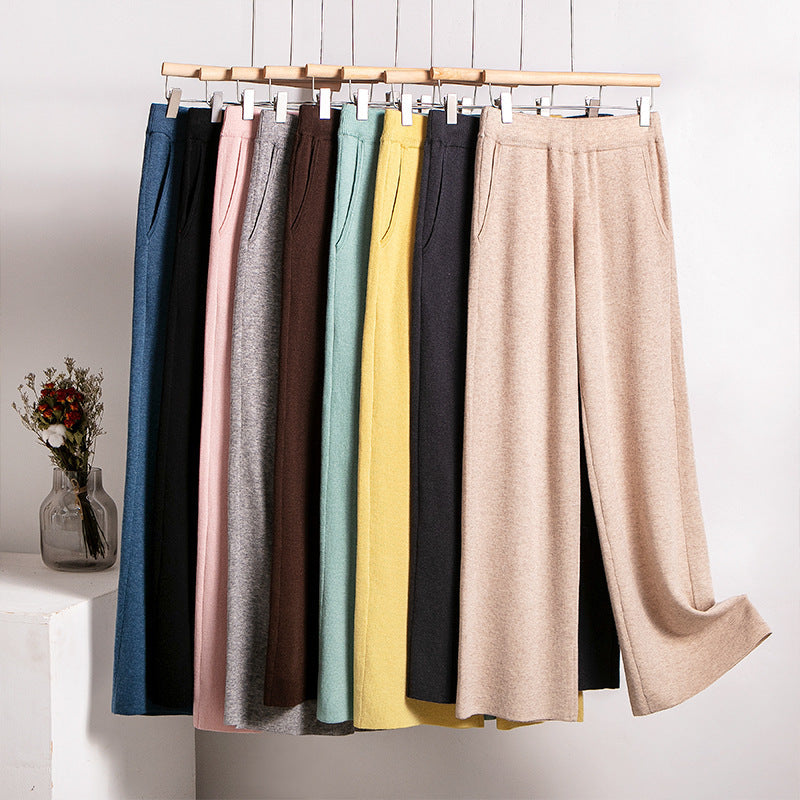 Knitted Trousers Autumn Solid Color Pocket Smart Trousers Women Loose Wide Leg Pants Straight Woollen Trousers Women
