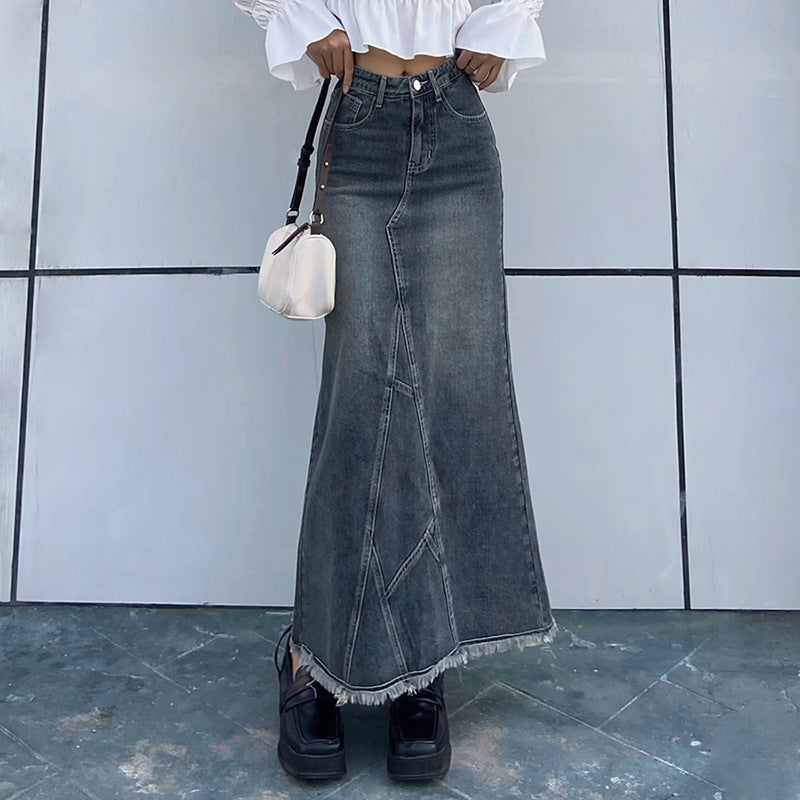 Autumn Winter Women Clothing Tight Waist Sheath White Tassel Edge Denim Long Skirts Skirt