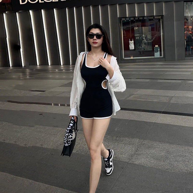 Street Sports Casual Women Waist Hollow Out Cutout Hemming Contrast Color Tight Sleeveless Romper Summer