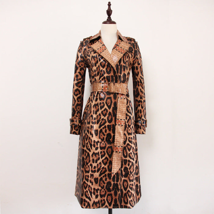 Goods Spring Autumn Snakeskin Leopard Print Long Trench Coat Goddess Long Sleeve Leather Jacket Women  Overcoat