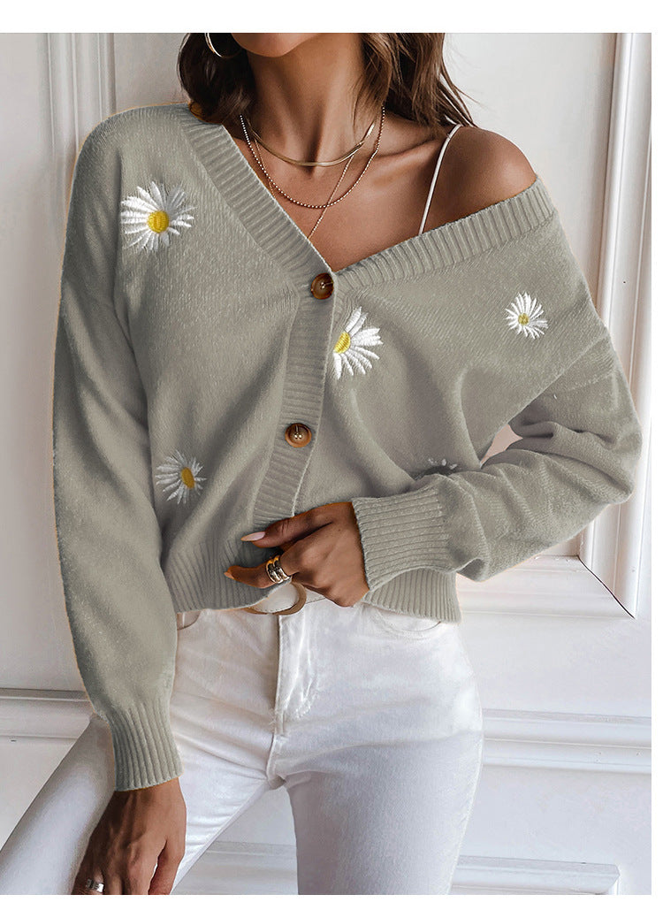 Sweet Women Clothing Small Chrysanthemum Embroidery V Neck Sweater Coat Autumn Winter Loose Knitted Cardigan