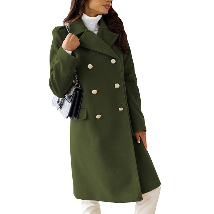 Autumn Winter Simplicity Long Sleeve Collared Double Breasted Woolen Coat Women Clothing