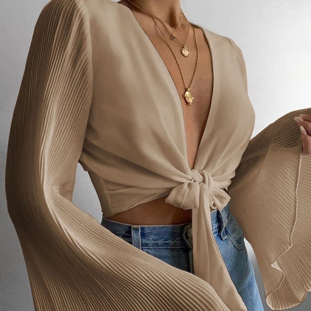 Sexy Flare Sleeve Pleated Solid Color Long Sleeve Shirt Top Women