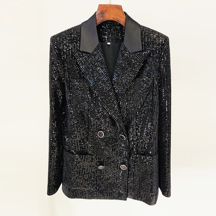 Goods Gold Velvet Sequined Double Breasted Blazer Slim Fit Skinny Pants Suit