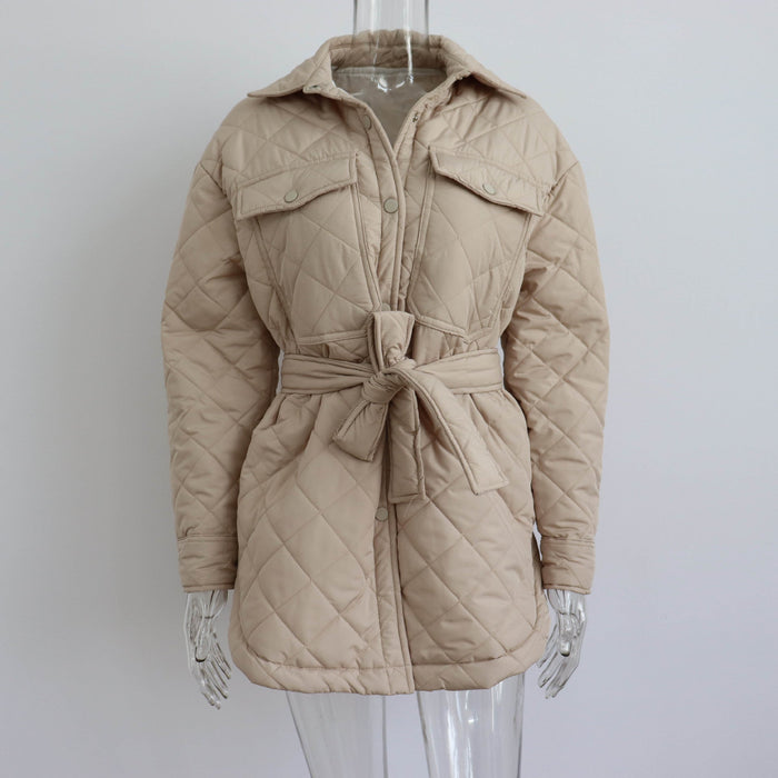 Long Breasted Collared Loose Warm Rhombus Cotton Padded Coat Autumn Winter Wild Thickened Cotton Padded Coat for Women