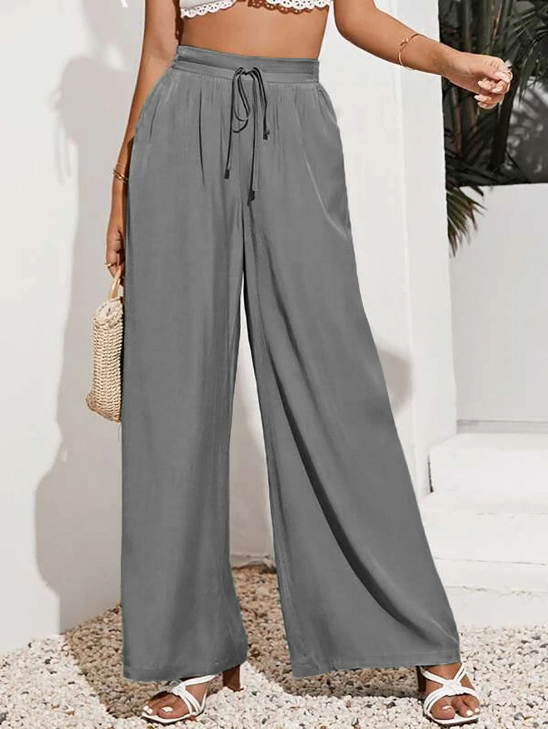 Women Summer High Waist Casual Trousers Solid Color Elastic Waist Lace up Loose Wide Leg Pants Women