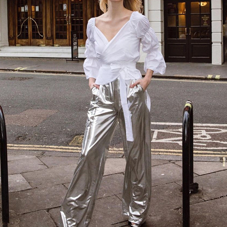Metallic Coated Fabric Women Clothing Spring Pocket High Waist Faux Leather Pants Women Candy Color Casual Trousers