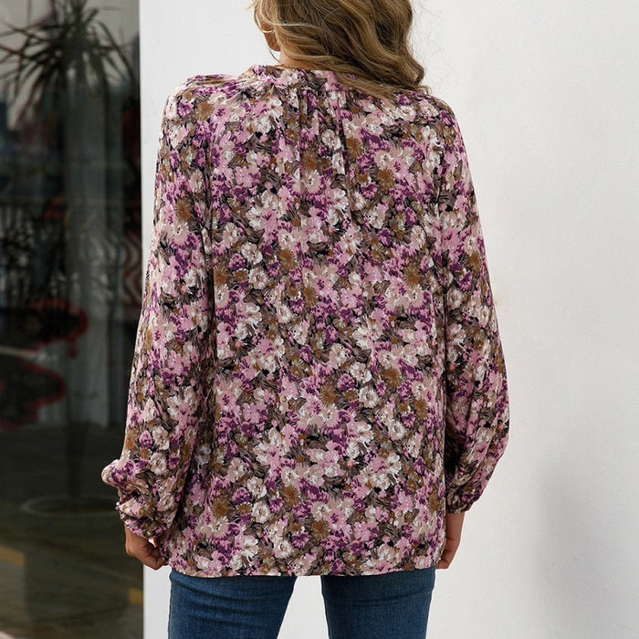 Loose Casual Long Sleeves V neck Printed Shirt Estampado Floral Shirt Top for Women