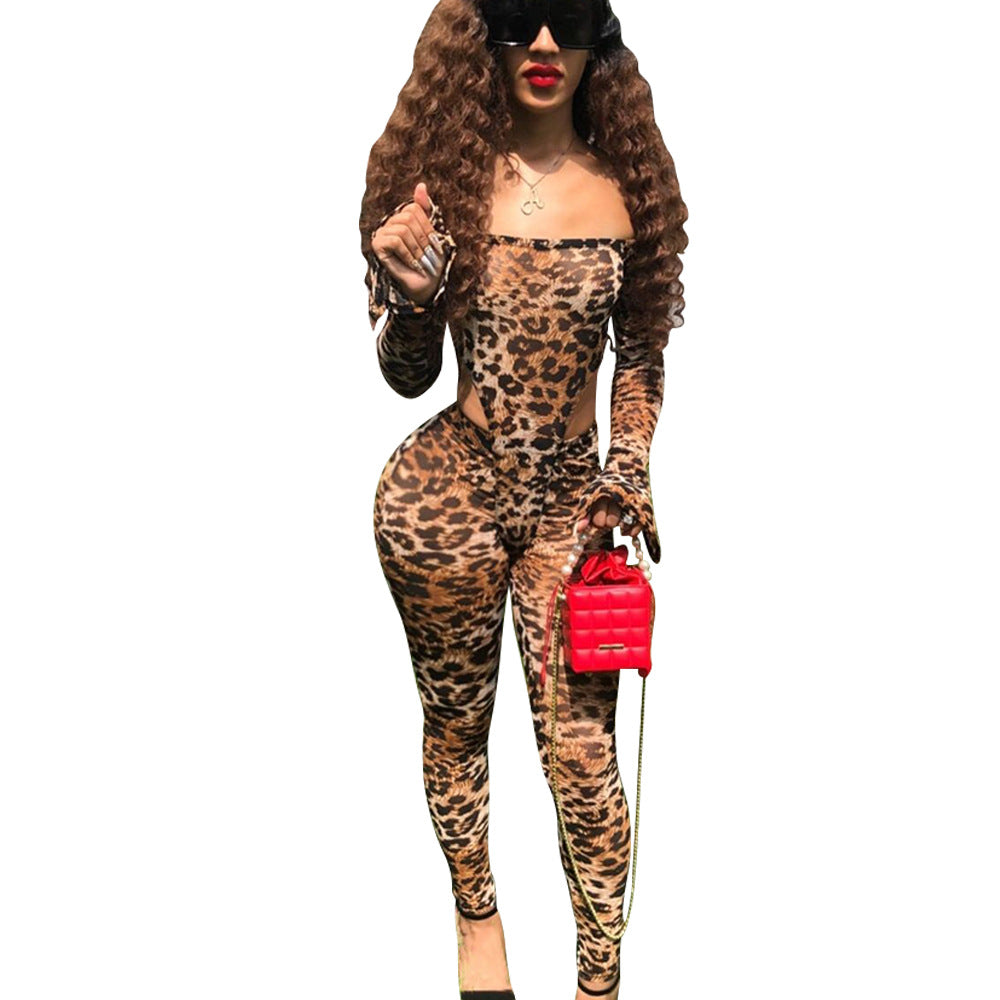 Sexy Mesh Leopard Print Jumpsuit Ladies Two Piece Set