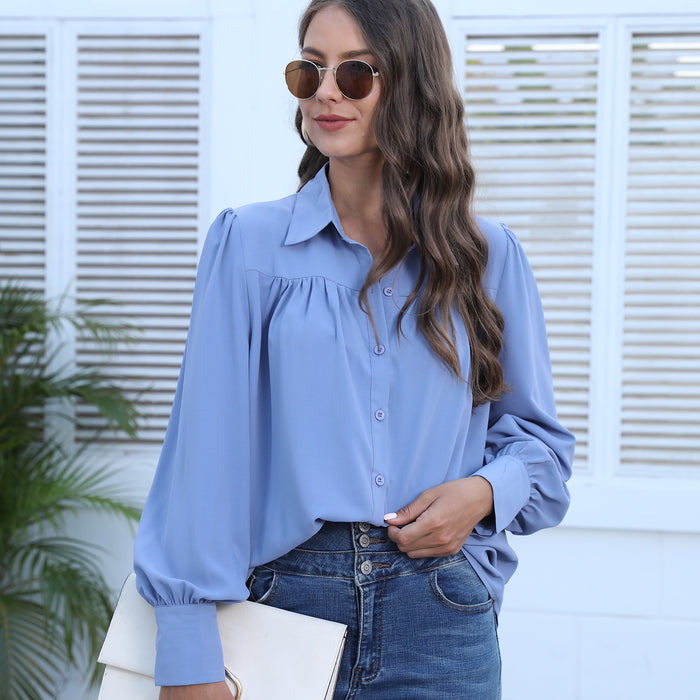 Autumn Winter Women Long Sleeved Chiffon Shirt Top Lantern Sleeve Pleated Loose Shirt Women