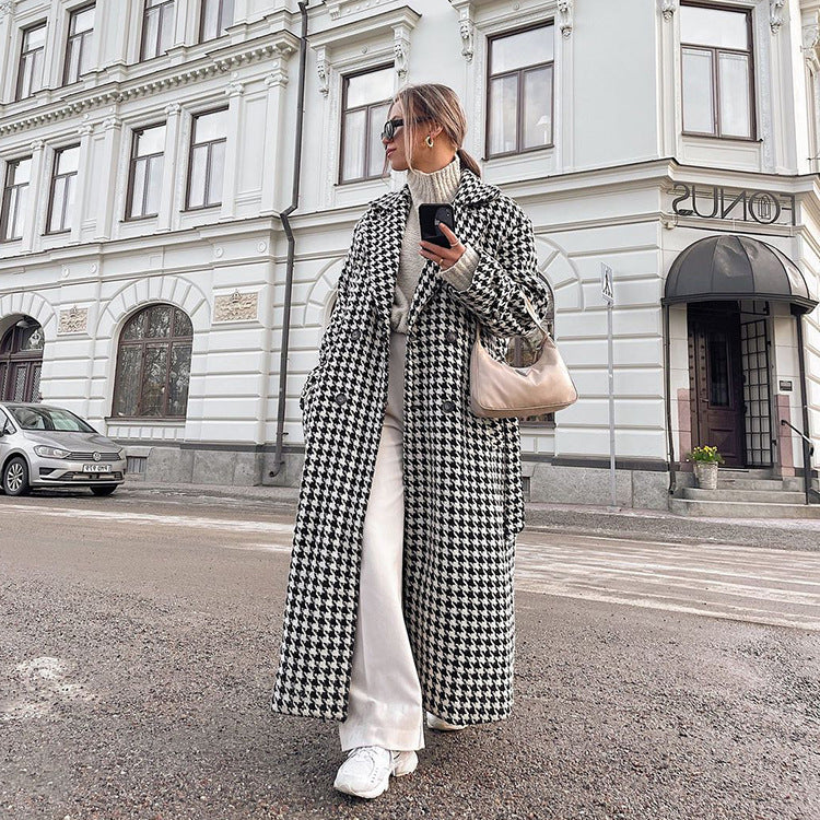 Women  Clothing Autumn Winter Houndstooth Long Trench Coat High End Fashionable Coat Black White Young Coat for Women