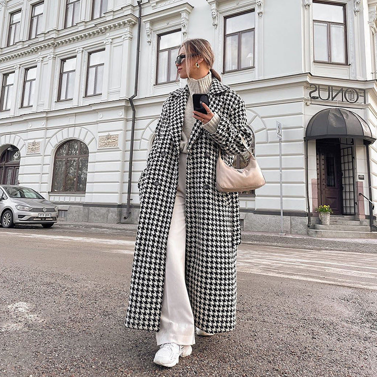 Women Clothing Autumn Winter Houndstooth Long Trench Coat High End Fashionable Coat Black White Young Coat for Women
