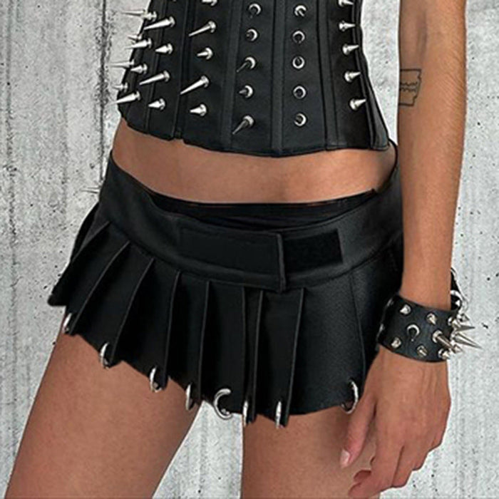 Street Punk Velcro One Piece Leather Skirt Personalized Heavy Industry Metal Ring Buckle Sexy Mini Skirt