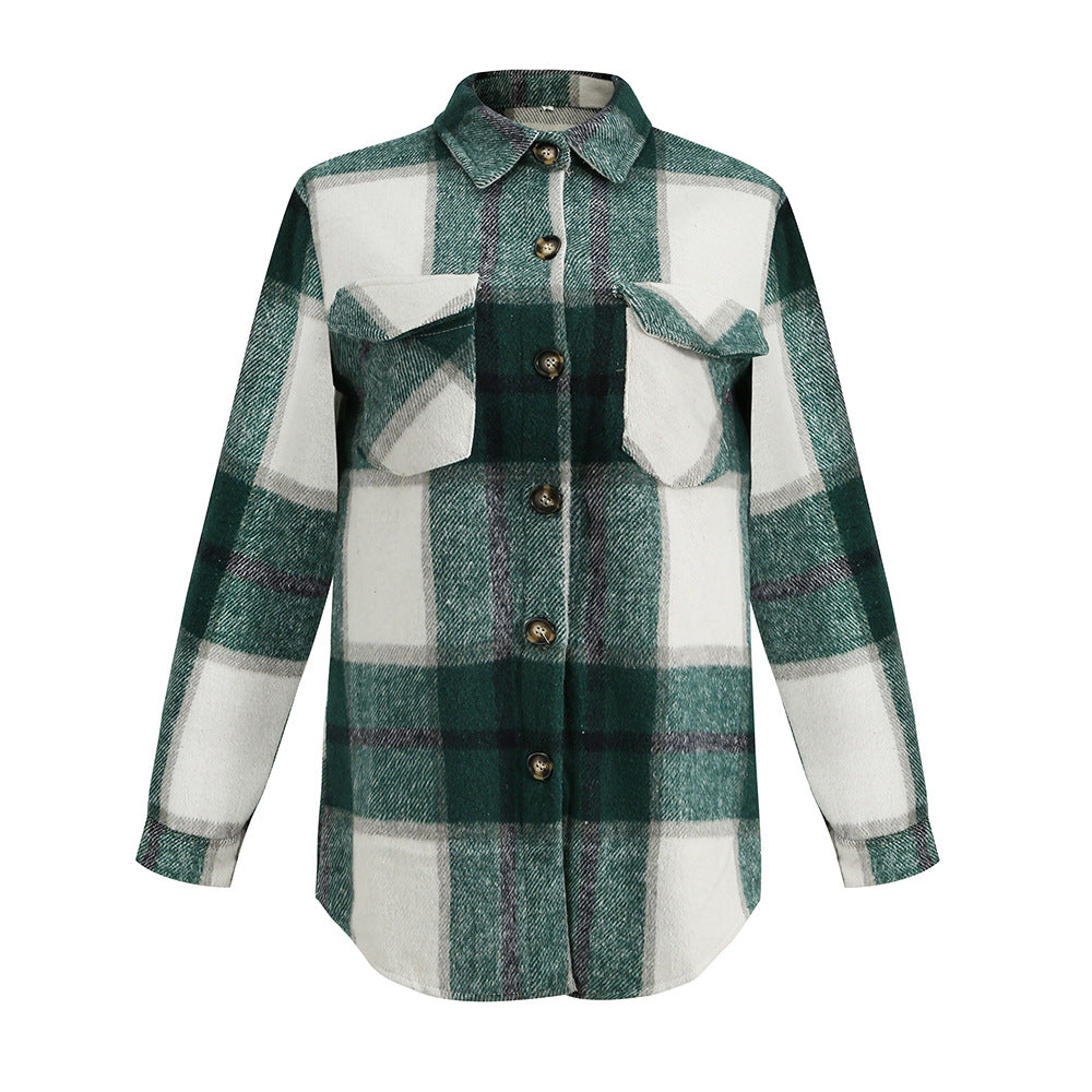 Autumn Winter Women Long Sleeved Single Breasted Casual Plaid Shirt Woolen Outer