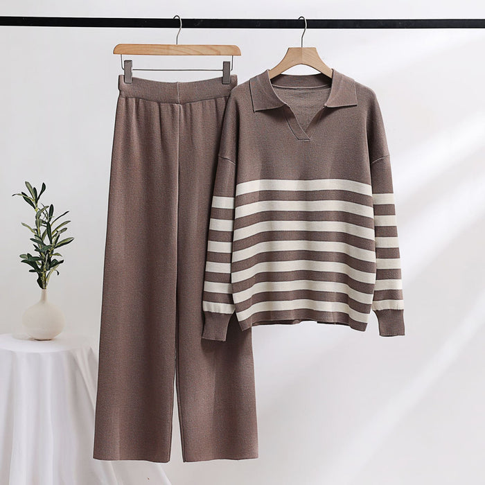 Knitting Suit Polo Collar Striped Sweater Loose Casual Two Piece Set Women Clothing