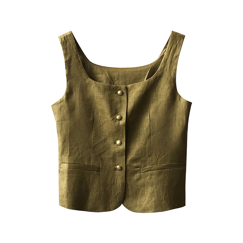 Retro Linen Vest for Women Autumn Special-Interest Square Collar Sleeveless Short Top