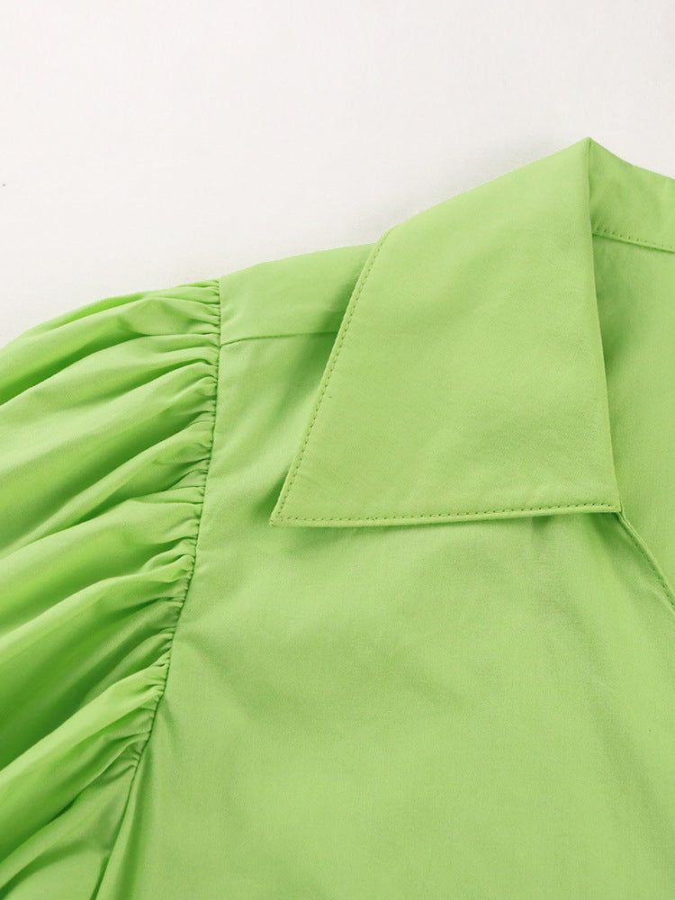 Summer New Puff Sleeve Lace-up Closing Belt Short Top V-neck Cotton Shirt Fabric Elegant Women