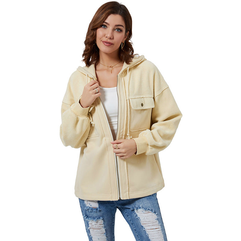 Early Autumn Solid Color Loose Zip Jacket Women Casual Pocket Drawstring Long Sleeve Coat Women