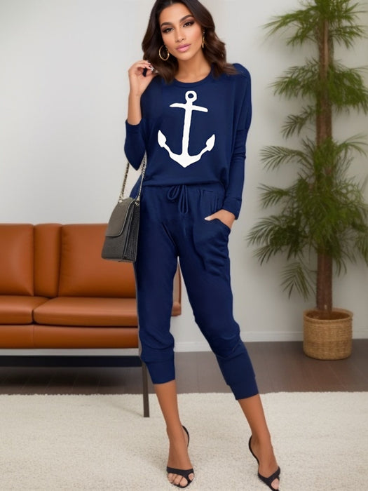 Women Clothing Loose Boat Anchor Printed Long-Sleeved Casual Suit