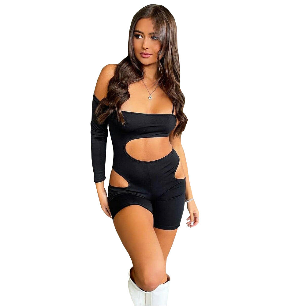 Women Clothing Summer Single-Side Sleeve Tight Sexy Hollow Out Cutout Sling Romper