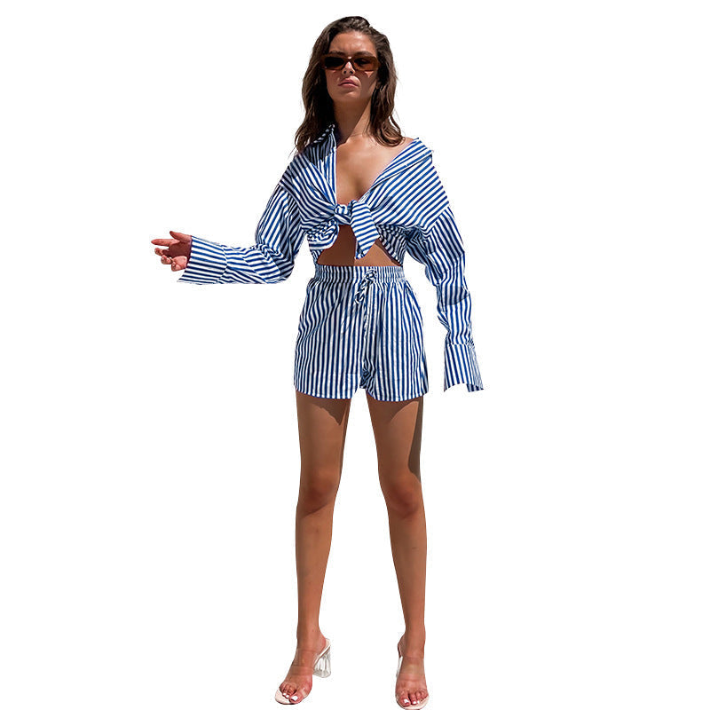 Spring Summer Office Casual Pants Suit Women Shirt Striped Long Sleeve Split Two-Piece Set