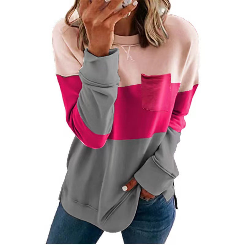 Women Clothing Stitching Crisscross Neckline round Neck Long Sleeve Casual Sweatshirt Women