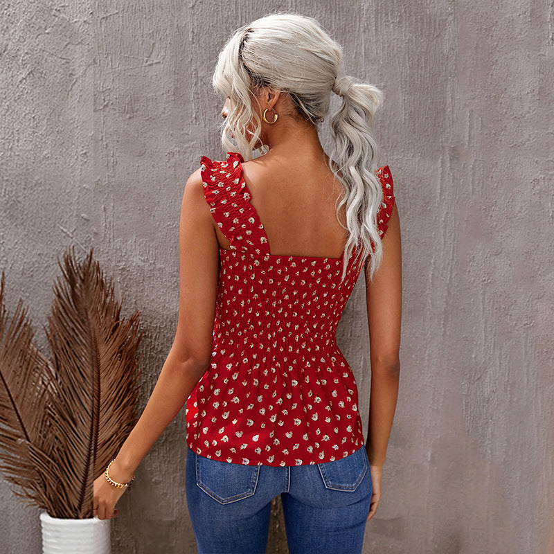 Summer Wear Simple Floral Strap Pleated Vest Women Outer Sleeveless Top