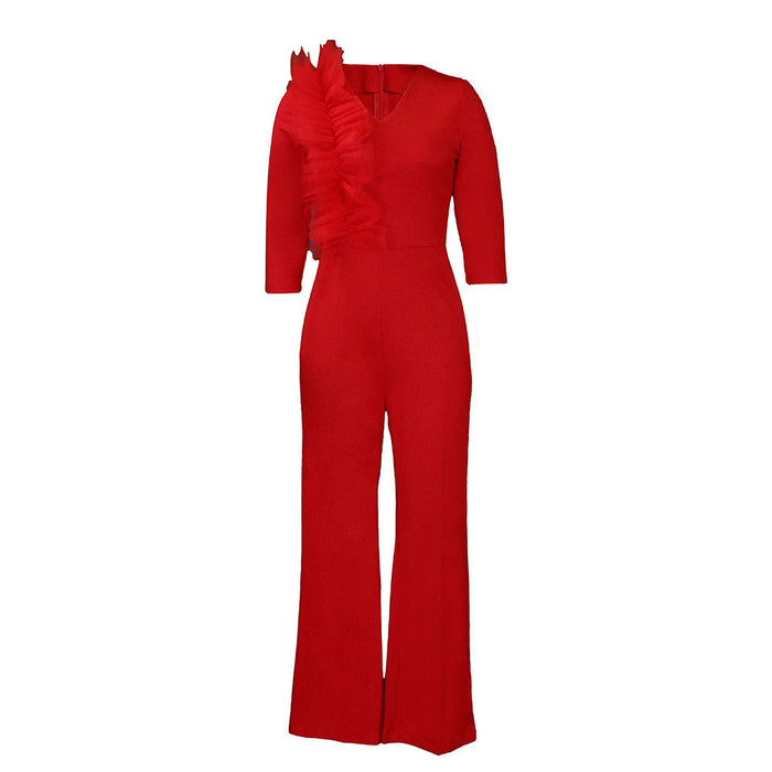 Women Clothing Autumn Elegant V neck Wide Leg Jumpsuit