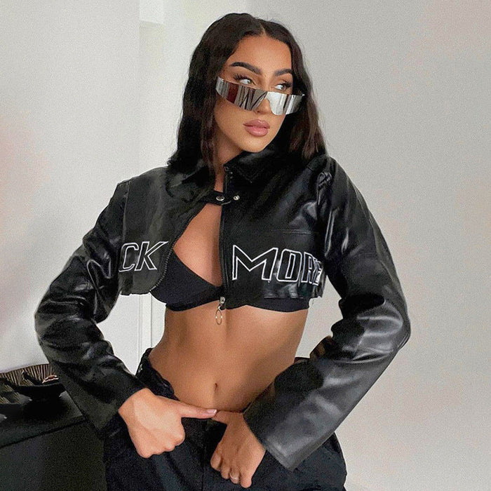 Autumn Winter Street Women Wear Motorcycle Letter Graphic Embroidered Faux Leather Short Jacket Varsity Jacket Jacket