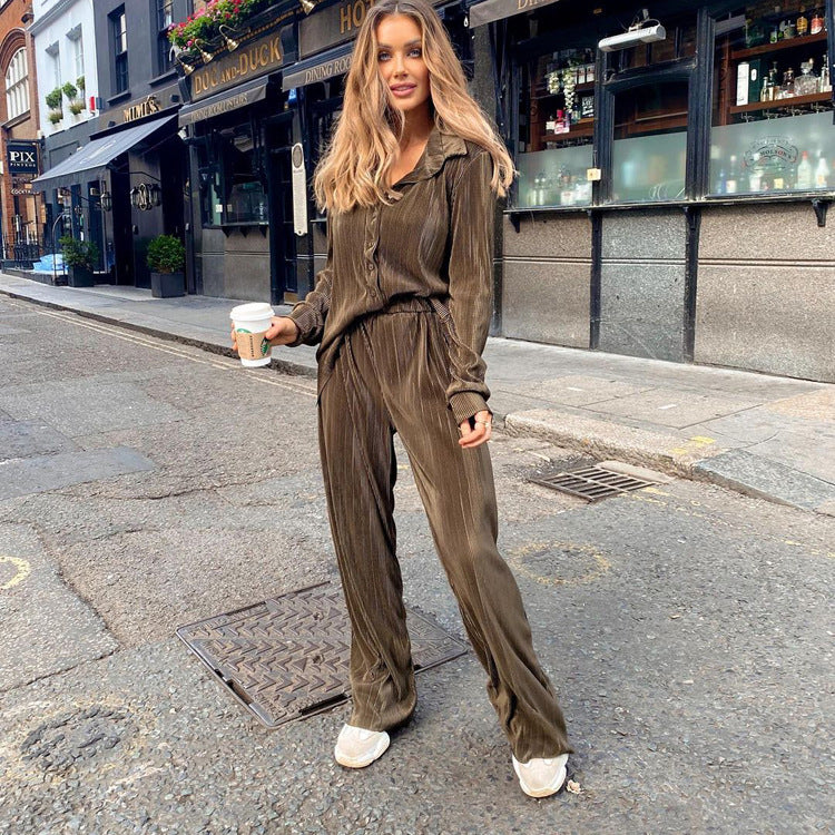Spring Pleated Casual Shirt Outfit Long-Sleeved Trousers High Waist Loose Drooping Women