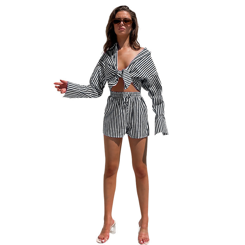 Spring Summer Office Casual Pants Suit Women Shirt Striped Long Sleeve Split Two-Piece Set