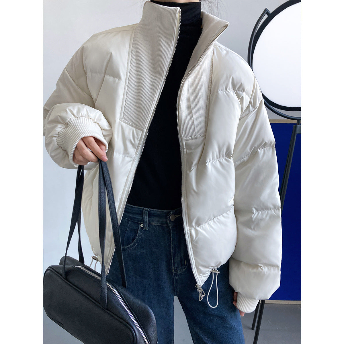 Stand Collar Short down Jacket Women Small White Duck down Coat