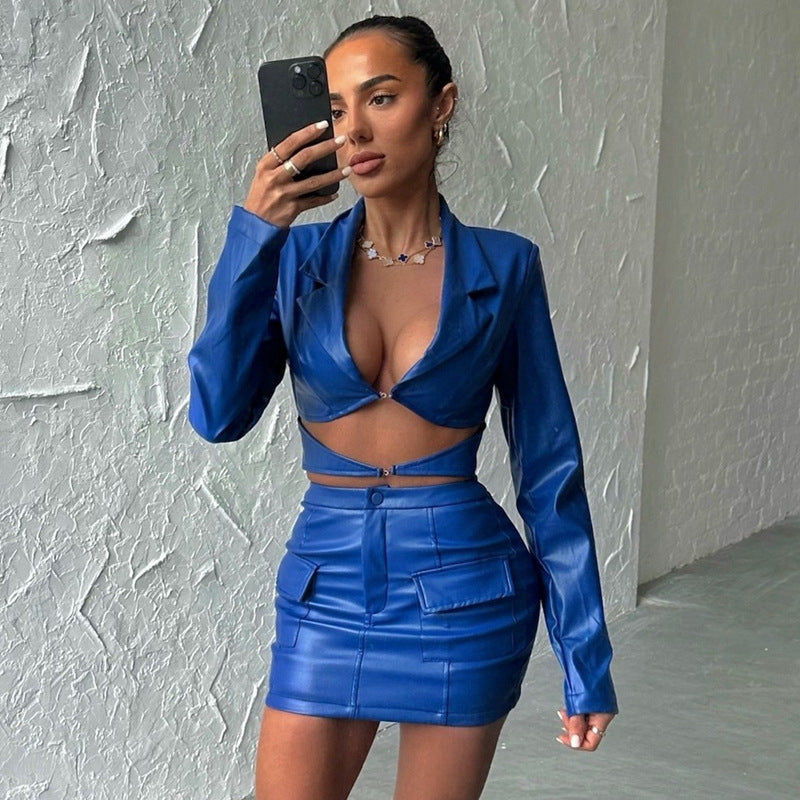 Metallic Coated Fabric Women Clothing Autumn Winter Suit Long Sleeves Cropped Cardigan Top Pocket Hip Skirt Outfit