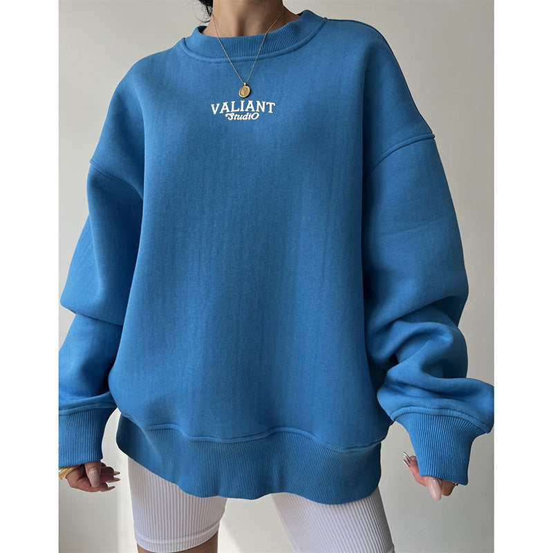 Round Neck Printed Pullover Solid Color Long Sleeve Sweater for Women Autumn Loose All Matching Top