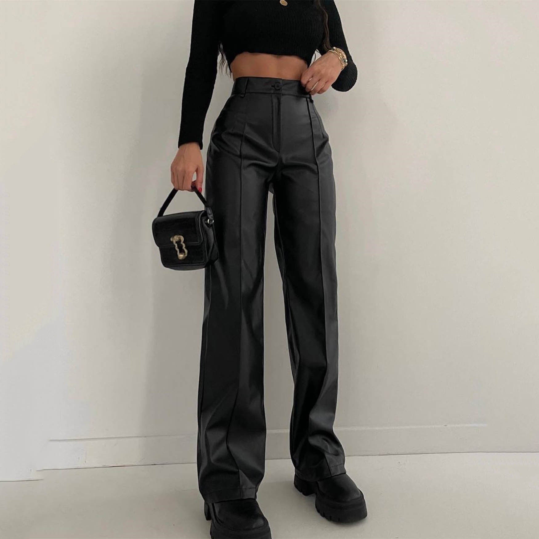 Women Clothing Faux Leather Trousers Autumn Winter Casual Pants Fried Street Cool Straight Leg Pants Figure Flattering Leather Pants Women