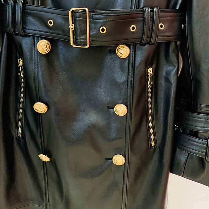 Goods Autumn Winter Stars Double Breasted Belt Leather Long Trench Coat