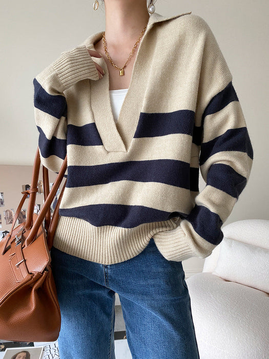 Casual Polo Large V-neck Striped Sweater Autumn Winter Loose Pullover