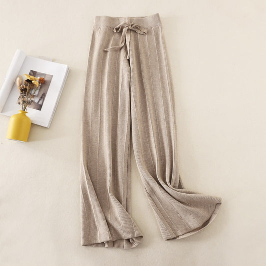 Knitted Thick Wide Leg Pants Women Autumn Winter High Waist Loose Drooping Straight Casual Long Pants Loose Vertical Stripes