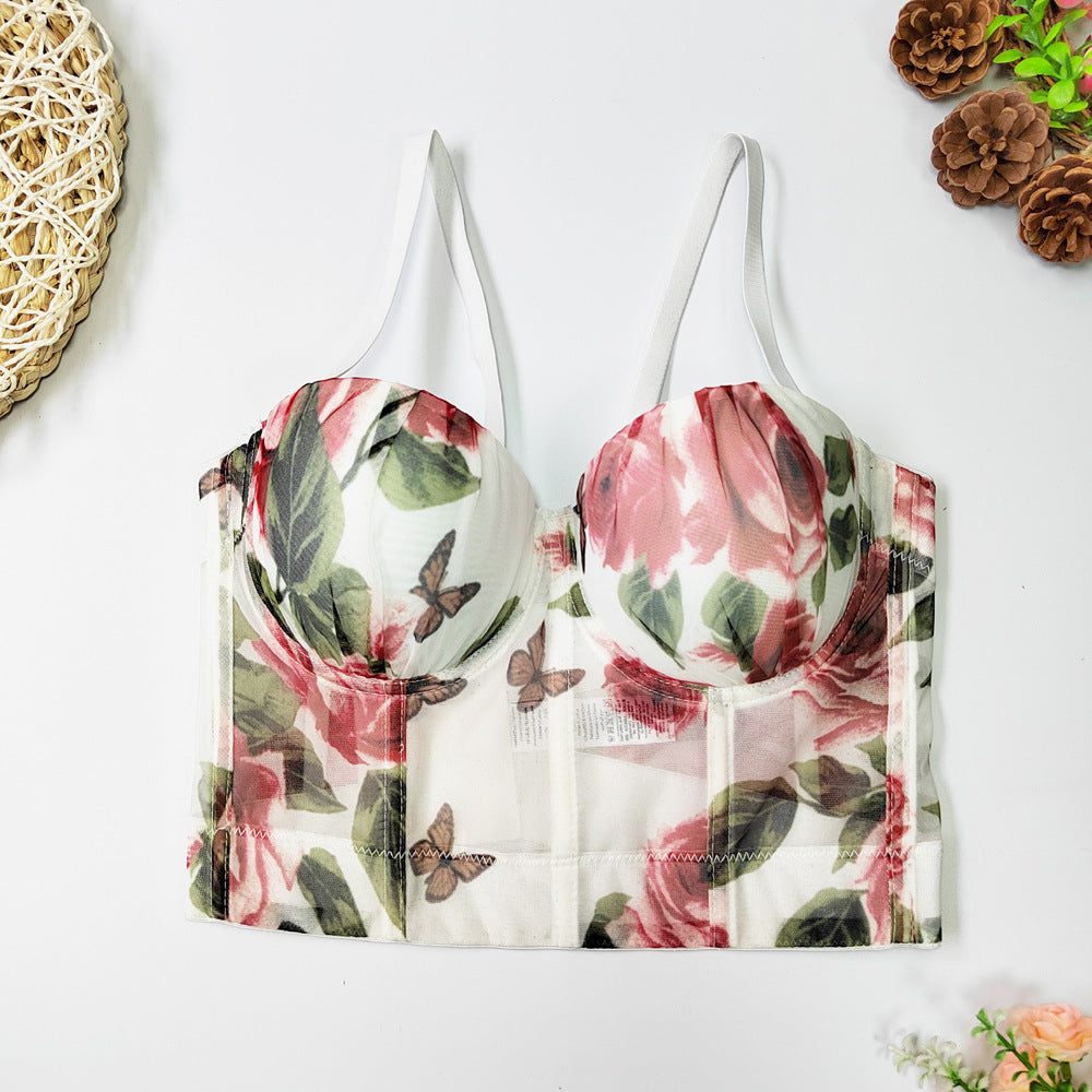 Shaping Body Shaping Rose Print Wrapped Chest Sweet Cute Mesh Chest Cover Short Backless Pleated Suspender Free Underwear