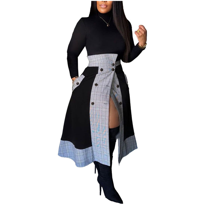 Popular Slim Fit Long Sleeved Small Turtleneck Plaid Split Midi Dress Two Piece Set