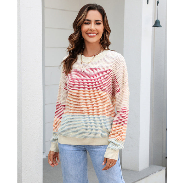 Autumn Casual Sweater Loose Crew Neck Color Knitwear Top Color Block