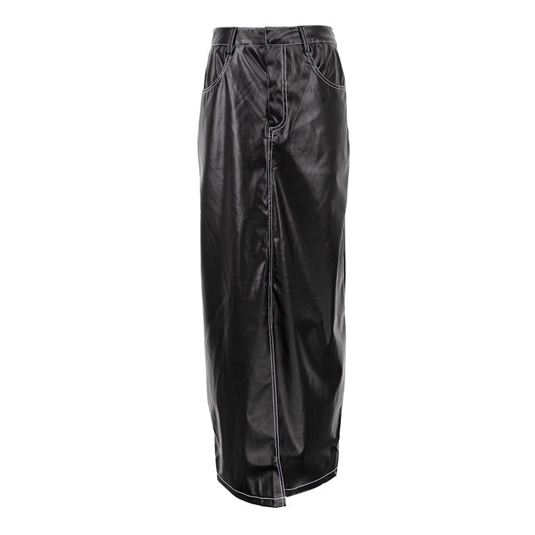 Leather Skirt Autumn Winter High Waist Slit Hip Skirt Fashionable All Match Straight Skirt Skirt Women Clothing