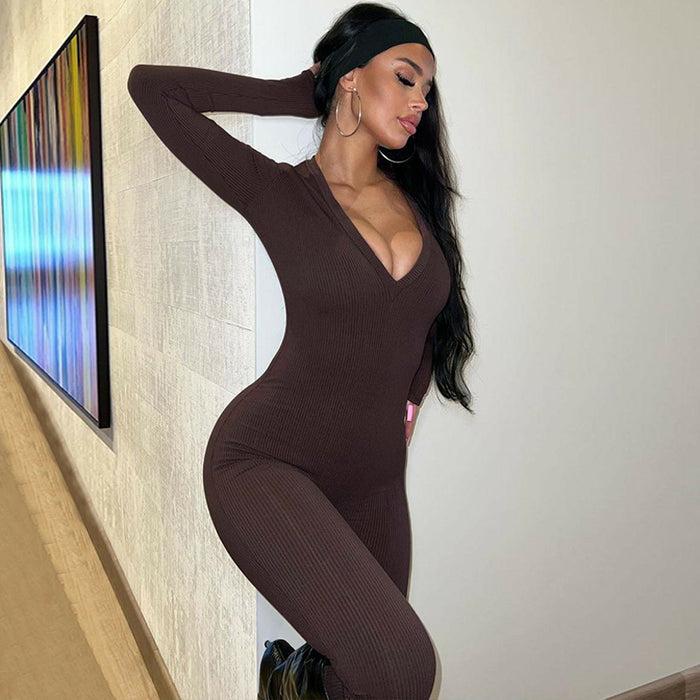 Women Clothing Spring Solid Color Slim Sports Long Sleeve Jumpsuit