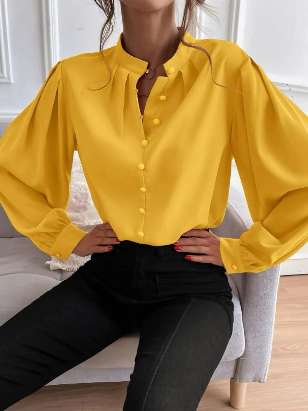 Women  Shirt Autumn Elegant Solid Color Collared Long Sleeve Single Row Button Loose Women Top