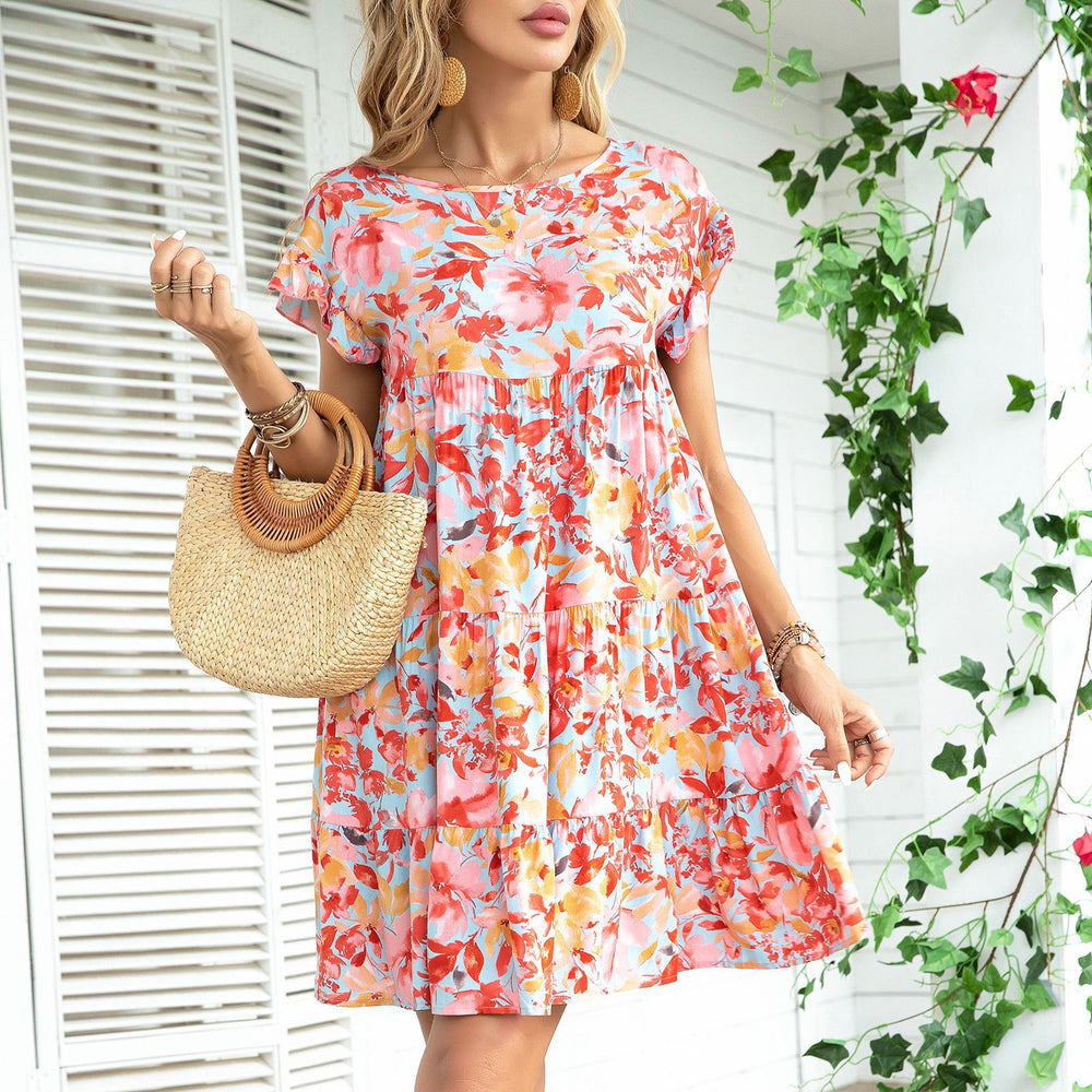 Summer Round Neck Printed A line Loose Ruffled Sleeves Dress