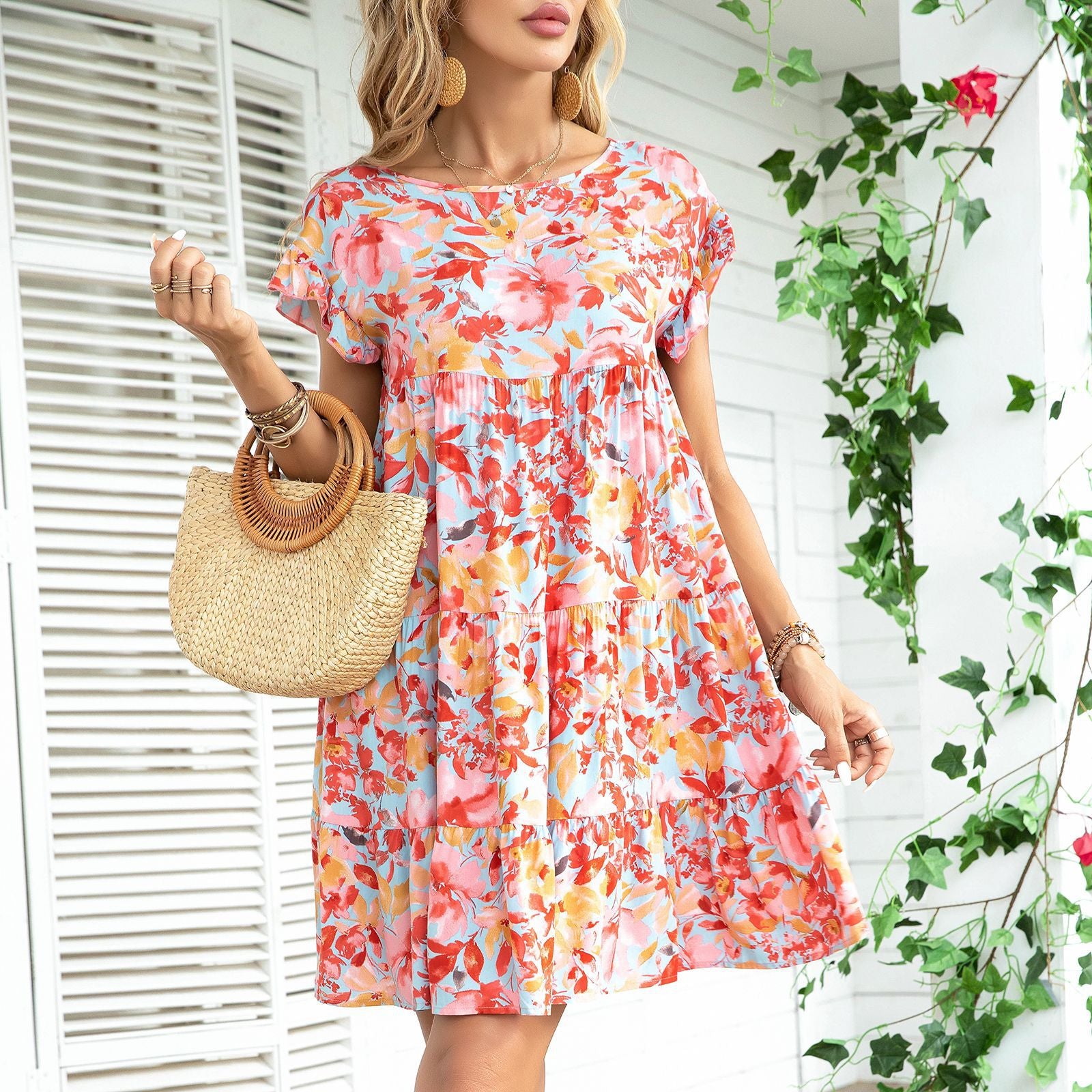 Summer Round Neck Printed A line Loose Ruffled Sleeves Dress